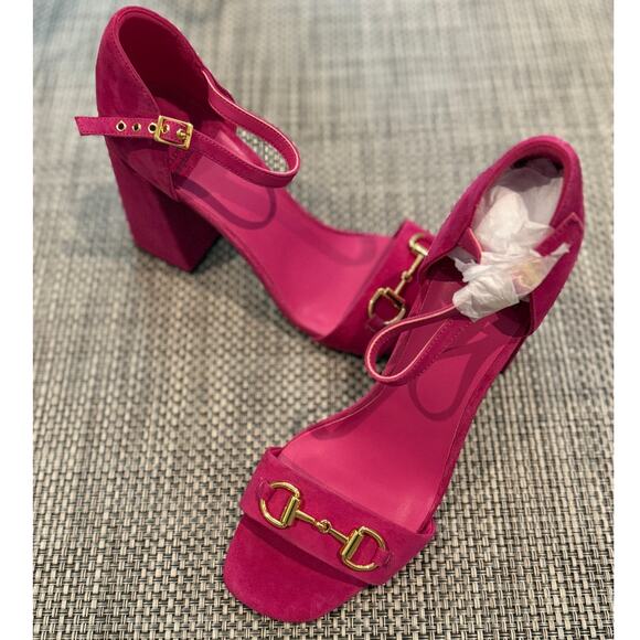 JEFFREY CAMPBELL NWOB Pop-Star-B Block Heel Fuchsia Pink Gold Suede Sandals 10 - Picture 2 of 8